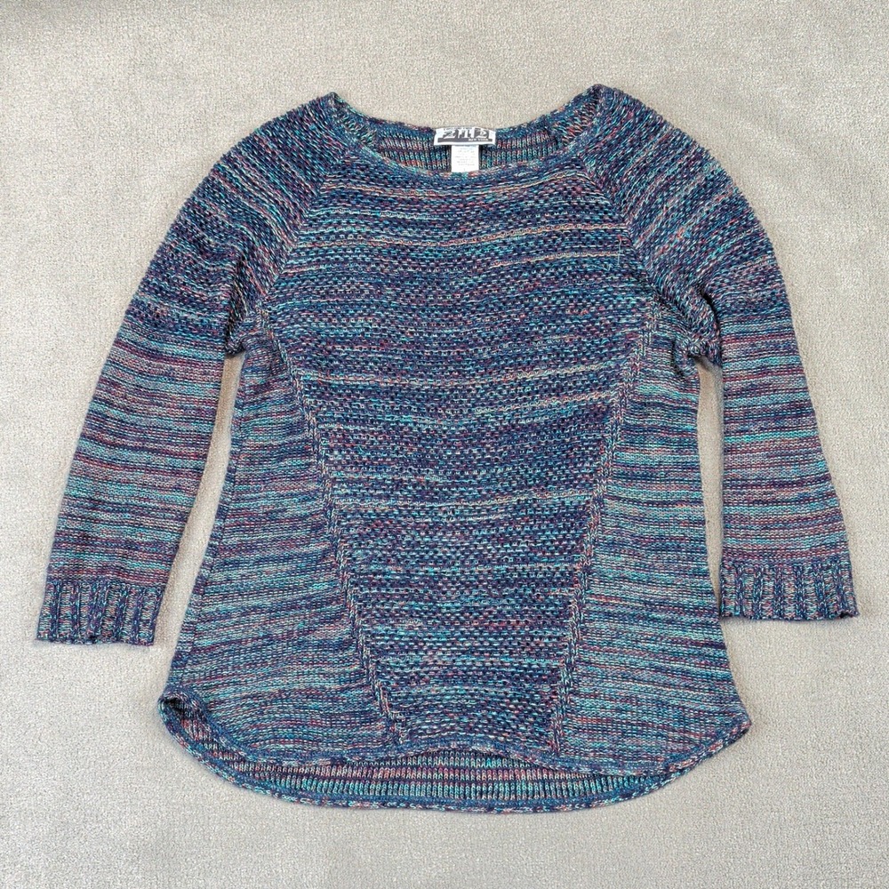 Two One Two New York Sweater Womens Large Blue Space Dye Knit Vintage USA Made